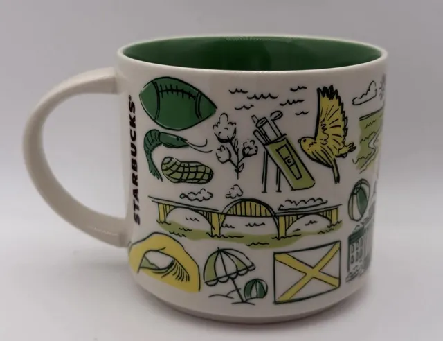 Starbucks Been There Series Alabama mug with Alabama in green script, THE COTTON STATE, a waterfall, a yellow plane and a sailboat — back view