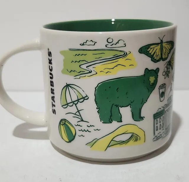 Starbucks Been There Series Alabama mug with Alabama in green script, a waterfall, camellia blossoms, a football and a black bear on the back — back view