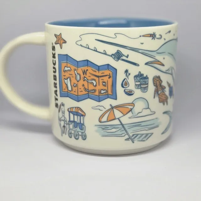 Starbucks Been There Series Bahamas mug with Bahamas in teal lettering, a conch shell, a wave and sailboats — back view