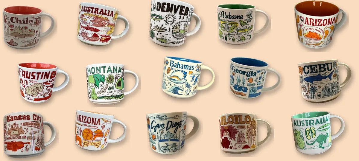 A wall of Starbucks Been There Series mugs