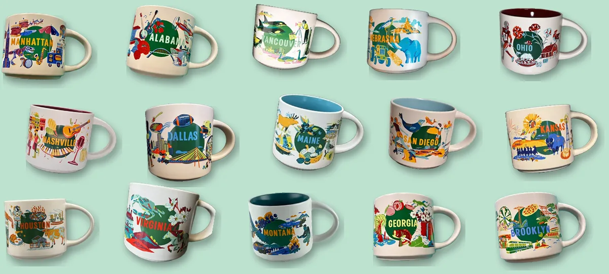 A wall of Starbucks Discovery Series mugs
