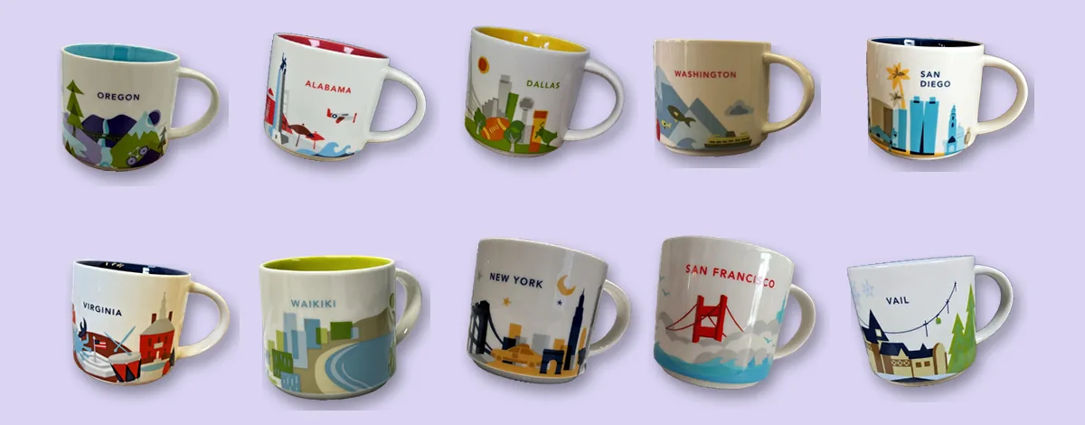 A wall of Starbucks You Are Here mugs