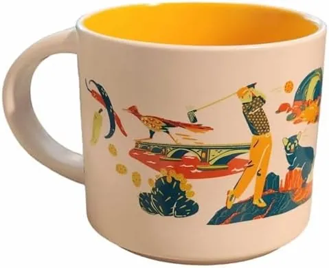 Starbucks Discovery Series Arizona mug with a lizard, hot air balloons, a scorpion and a canyon around the word ARIZONA — back view