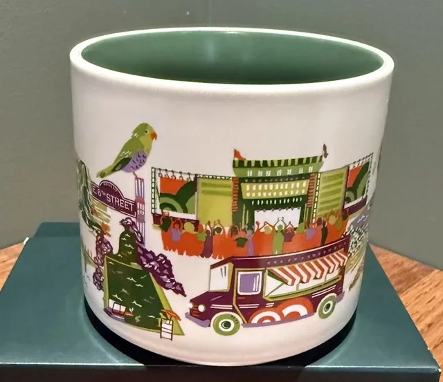 Starbucks Discovery Series Austin mug with a skyline, an armadillo, wildflowers and paddleboarders around the word AUSTIN — side view