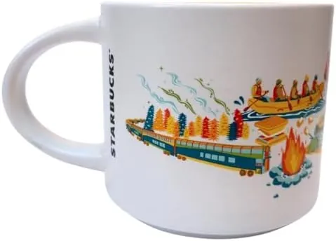 Starbucks Discovery Series Banff mug with a bighorn sheep, a mountain bike and a camper van around the word BANFF and an orange inside — back view