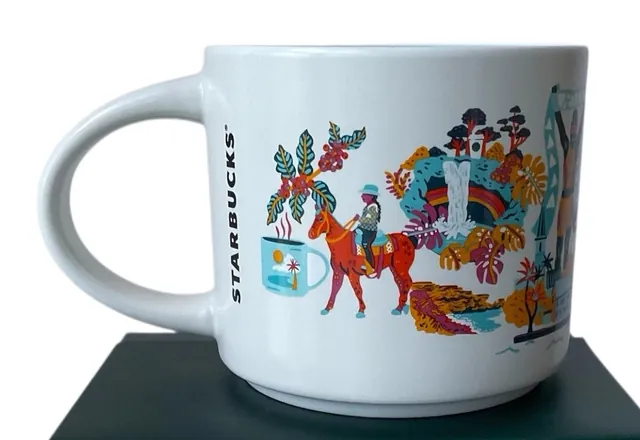 Starbucks Discovery Series Big Island mug with a scuba diver, red coral and a rainbow around the words BIG ISLAND — back view
