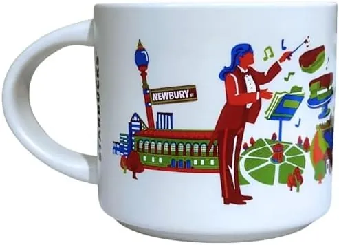 Starbucks Discovery Series Boston mug with a shamrock, a red lighthouse, a lobster and a columned building around the word BOSTON — back view
