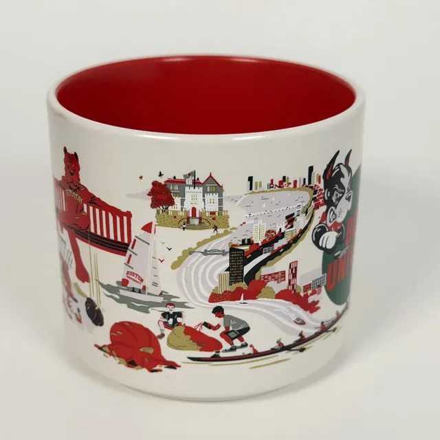 Starbucks Discovery Series Boston University mug with a terrier mascot, a trolley, a hockey player and a rowing crew around the name — side view