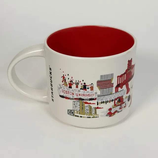 Starbucks Discovery Series Boston University mug with a terrier mascot, a trolley, a hockey player and a rowing crew around the name — back view