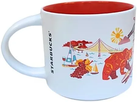 Starbucks Discovery Series California mug with orange poppies, a pink whale, redwoods and an angler around the word CALIFORNIA — back view