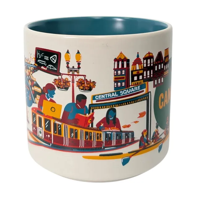 Starbucks Discovery Series Cambridge mug with row houses, a weeping willow, a duck and rowers around the word CAMBRIDGE — side view