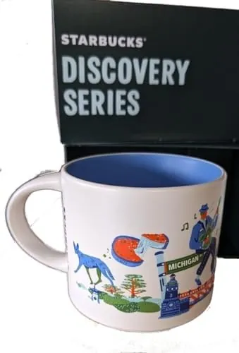 Starbucks Discovery Series Chicago mug with an elevated train, a baseball bat, a Ferris wheel and purple flowers around the word CHICAGO — back view