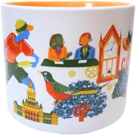 Starbucks Discovery Series Connecticut mug with oyster shells, a person reading on a shed and a stack of books around the word CONNECTICUT — side view