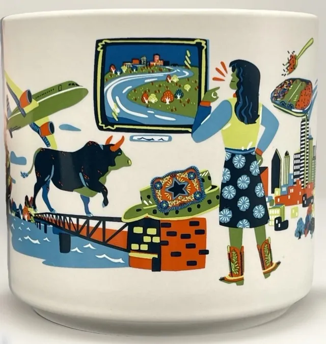 Starbucks Discovery Series Dallas mug with a football, helmets, skyline, cable-stayed bridge and Ferris wheel around the word DALLAS — side view