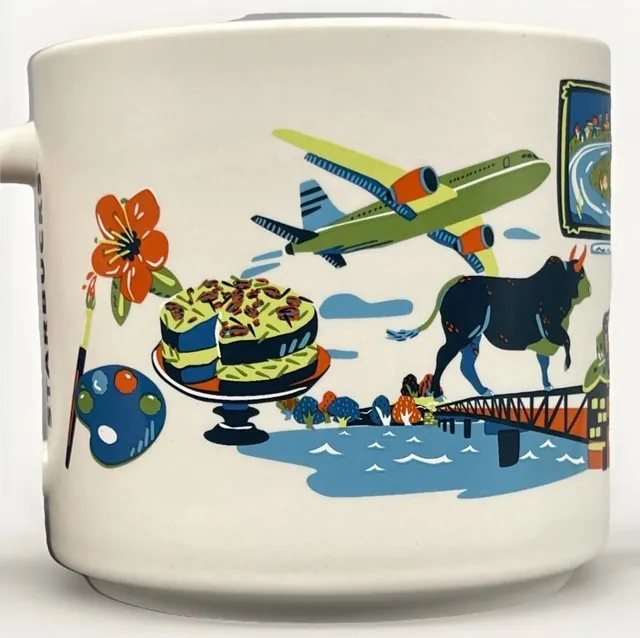Starbucks Discovery Series Dallas mug with a football, helmets, skyline, cable-stayed bridge and Ferris wheel around the word DALLAS — back view