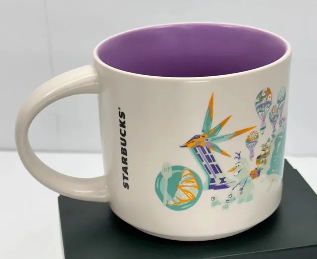 Starbucks Discovery Series Epcot mug with a purple dragon, fireworks, a sphere and a futuristic car around the word EPCOT — back view