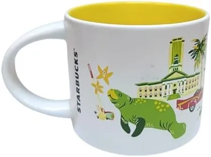 Starbucks Discovery Series Florida mug with a flamingo, a slice of pie, a race car and a space shuttle around the word FLORIDA — back view