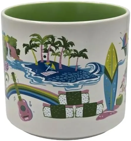 Starbucks Discovery Series Hawaii mug with shave ice, a swimmer, a volcano, a whale and a surfboard around the word HAWAII — side view