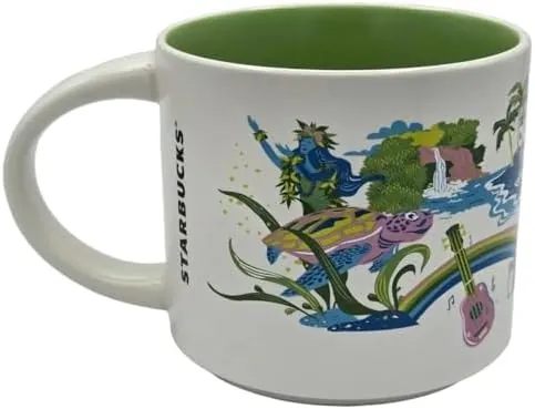 Starbucks Discovery Series Hawaii mug with shave ice, a swimmer, a volcano, a whale and a surfboard around the word HAWAII — back view