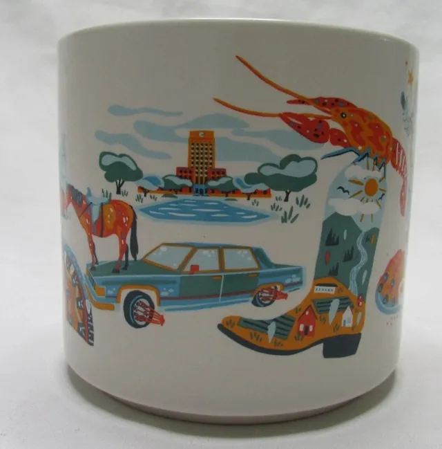 Starbucks Discovery Series Houston mug with an astronaut, skillet, longhorn, fountain plaza and lit building around the word HOUSTON — side view