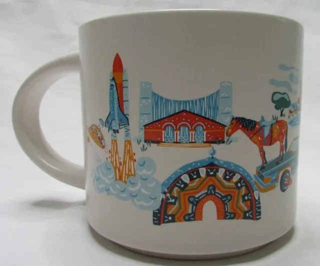 Starbucks Discovery Series Houston mug with an astronaut, skillet, longhorn, fountain plaza and lit building around the word HOUSTON — back view