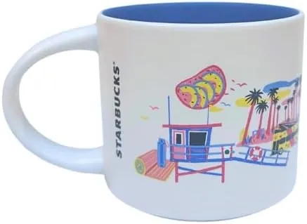 Starbucks Discovery Series Los Angeles mug with a film reel, a movie camera and a food truck around the words LOS ANGELES — back view