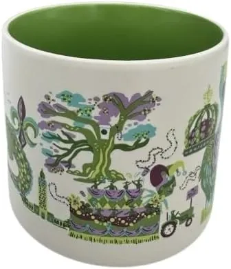Starbucks Discovery Series Louisiana mug with a crawfish, a pink and yellow flower, a steamboat and a canoe around the word LOUISIANA — side view