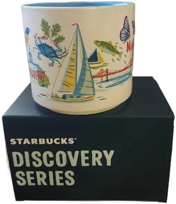 Starbucks Discovery Series Maryland mug with butterflies, a lacrosse player, yellow flowers and a red bridge around the word MARYLAND — side view