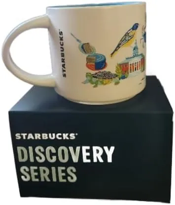 Starbucks Discovery Series Maryland mug with butterflies, a lacrosse player, yellow flowers and a red bridge around the word MARYLAND — back view