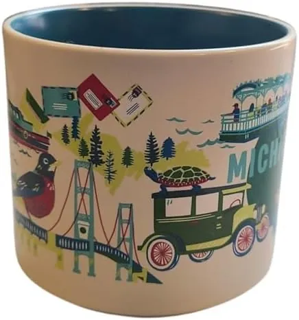 Starbucks Discovery Series Michigan mug with a ferry, a vintage car, a cherry picker and a fawn around the word MICHIGAN — side view
