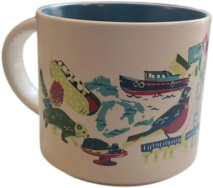 Starbucks Discovery Series Michigan mug with a ferry, a vintage car, a cherry picker and a fawn around the word MICHIGAN — back view