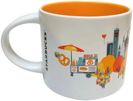 Starbucks Discovery Series New York City mug with a yellow taxi, a pigeon, a pizza slice, an apple and the Statue of Liberty around the words NEW YORK CITY — back view