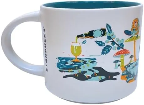 Starbucks Discovery Series Oregon mug with a duck, a windsurfer, a sea stack, berries and tulips around the word OREGON — back view