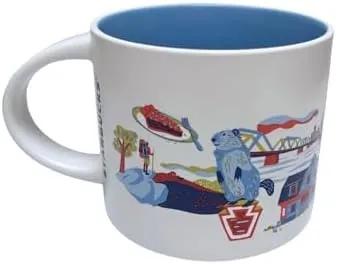 Starbucks Discovery Series Pennsylvania mug with a cracked bell, a blue bird, a chocolate bar and a fish around the word PENNSYLVANIA — back view