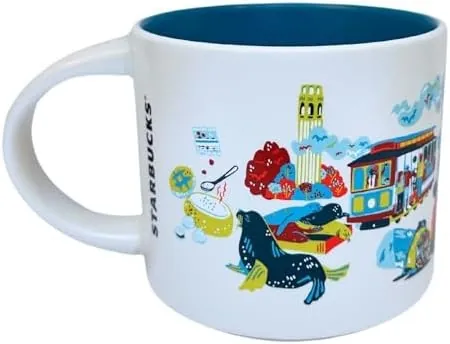 Starbucks Discovery Series San Francisco mug with a red suspension bridge, a ferry, a pelican and hillside houses around the words SAN FRANCISCO — back view
