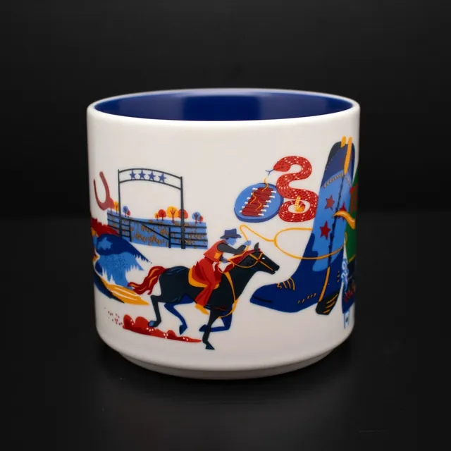 Starbucks Discovery Series Texas mug with longhorns, a cowboy boot, a hat, a barbecue smoker and an armadillo around the word TEXAS — side view