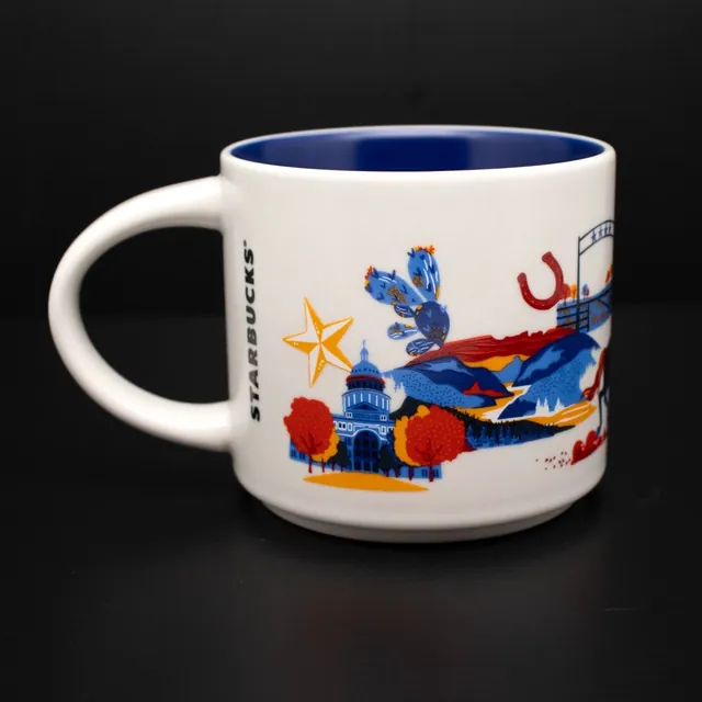 Starbucks Discovery Series Texas mug with longhorns, a cowboy boot, a hat, a barbecue smoker and an armadillo around the word TEXAS — back view