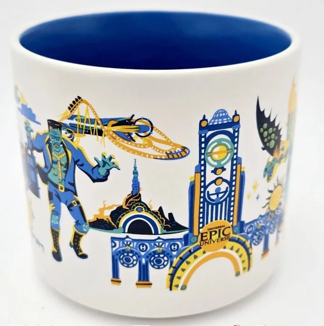 Starbucks Discovery Series Universal Epic Universe mug with two dragons, an orange creature and teal lettering over a green circle — side view