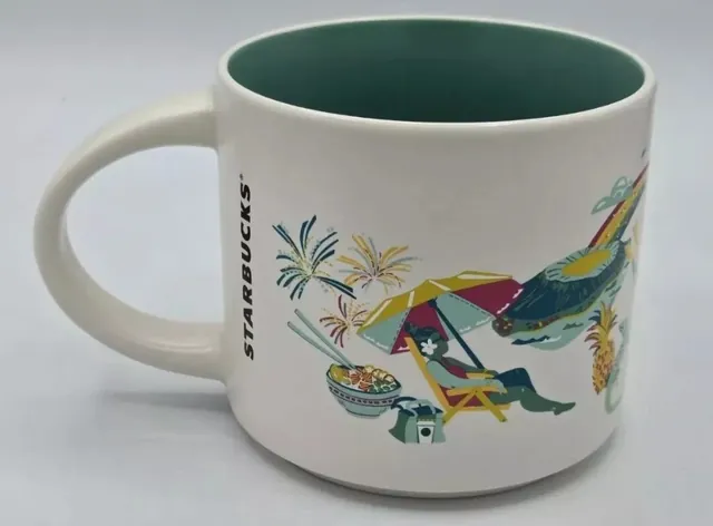 Starbucks Discovery Series Waikiki mug with a palm tree, an outrigger canoe, a yellow hibiscus and a surfboard around the word WAIKIKI — back view