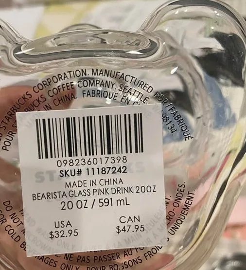 Underside: barcode sticker with SKU# 11187242, BEARISTA GLASS PINK DRINK 20OZ, 20 OZ / 591 mL, USA $32.95, CAN $47.95.
