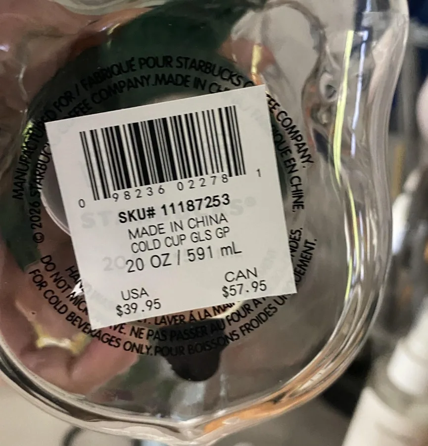 Underside: barcode sticker with SKU# 11187253, MADE IN CHINA, COLD CUP GLS GP, 20 OZ / 591 mL, USA $39.95, CAN $57.95.