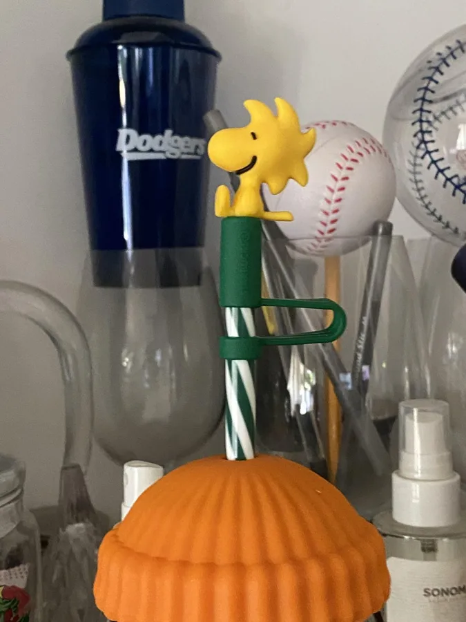 The Woodstock straw topper and orange beanie of the same cup.