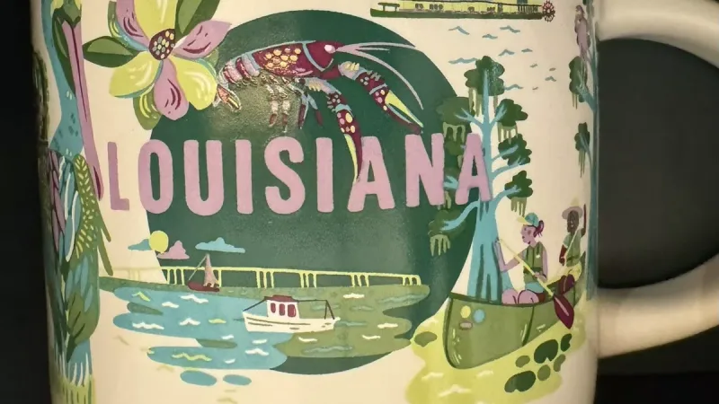 Louisiana Discovery Series mug featuring a pelican, riverboat, Mardi Gras crowns, alligator, fleur-de-lis, and bright flowers.