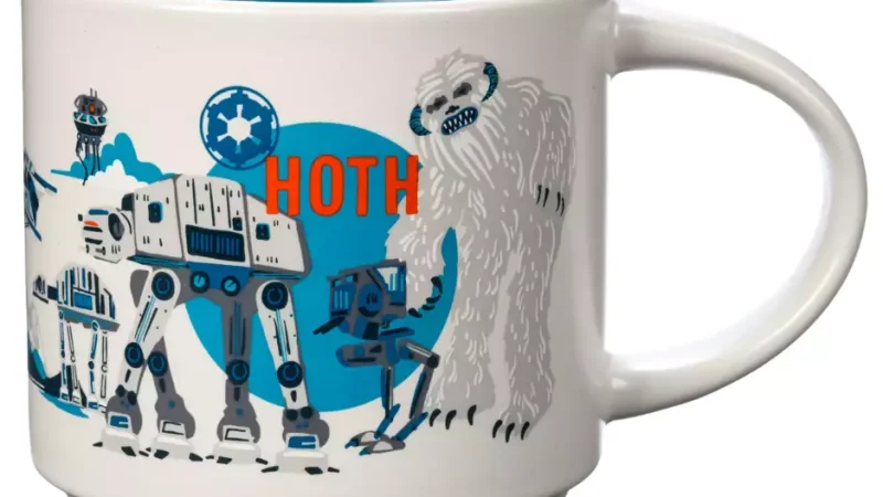 Hoth Starbucks mug with images of AT-AT Walkers, a Wampa, Rebel snow speeders, and Echo Base.