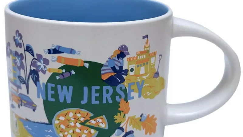 New Jersey Starbucks mug displaying a lighthouse, drive-in theater, pizza, honeybee, and sandcastle.