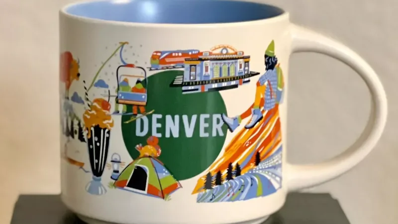 Starbucks Denver mug with design elements highlighting the Mile High City and its culture.