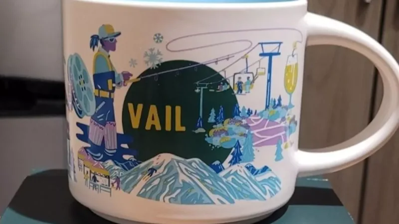 Starbucks Vail mug featuring ski scenes and Colorado landscapes in the Discovery Series.