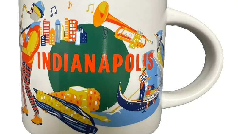 Starbucks Indianapolis mug featuring music, food, and landmarks