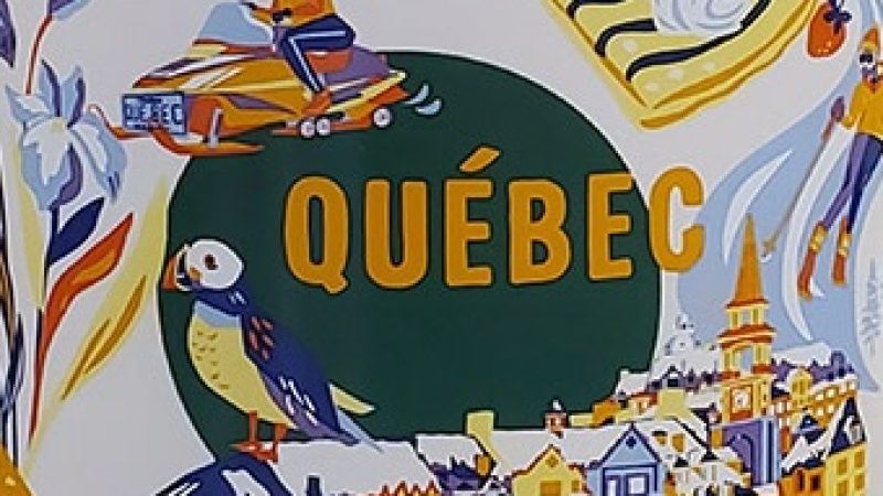 Québec Starbucks mug with images of a bear, snowmobiling scene, colorful buildings, and traditional attire.