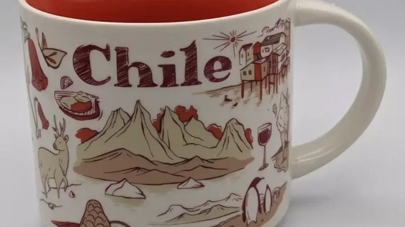 Starbucks Been There Series Chile mug showing Andes Mountains and penguins.